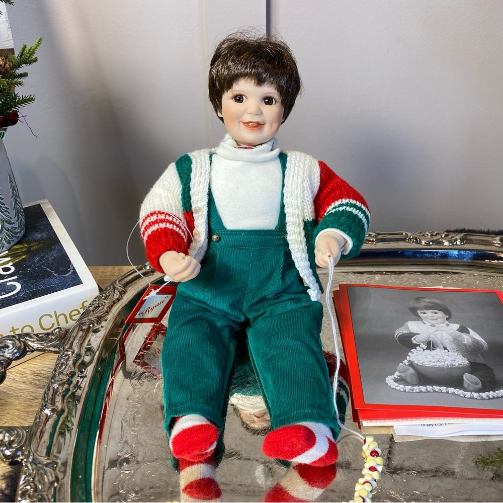Vintage New Ashton Drake RYAN Decorating Green Overalls and Striped Sweater